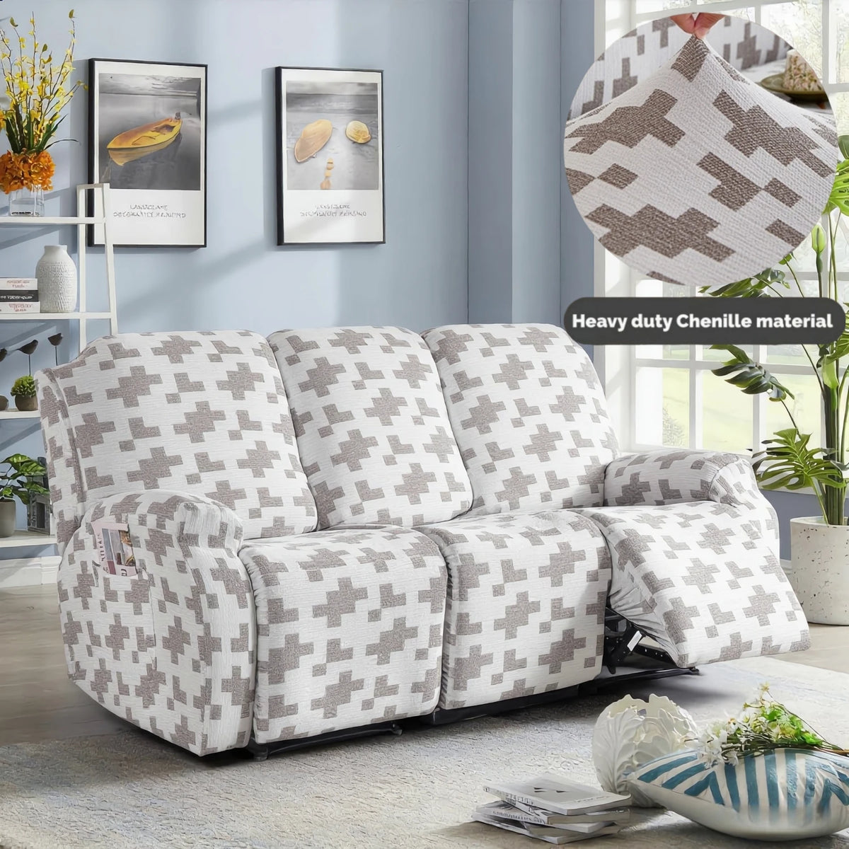 A gray and white heavy-duty chenille sofa slipcover recliner with a patterned fabric on a modern couch.