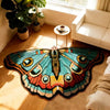 A colorful, irregular shaped plush floor rug with butterfly and floral patterns on a wooden floor.