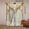Pair of cream and gold luxury baroque printed curtains with ornate detailing hanging in a doorway.