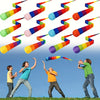 Rainbow comet ball with soft tail in various colors is shown being thrown against a blue sky.