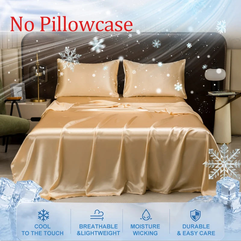 A luxurious satin gold bed sheet is displayed on a bed, emphasizing its cool to the touch, breathable, and durable features.