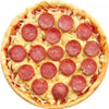 A round pizza topped with cheese and pepperoni, displayed on a white background.