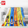 A colorful anime character flannel throw blanket featuring various male characters in vibrant colors.