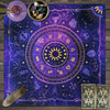 A dark blue tarot card tablecloth featuring a celestial zodiac wheel and mystical symbols.