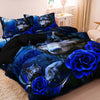 A dark blue and black bedding set featuring a print of wolves and blue roses.