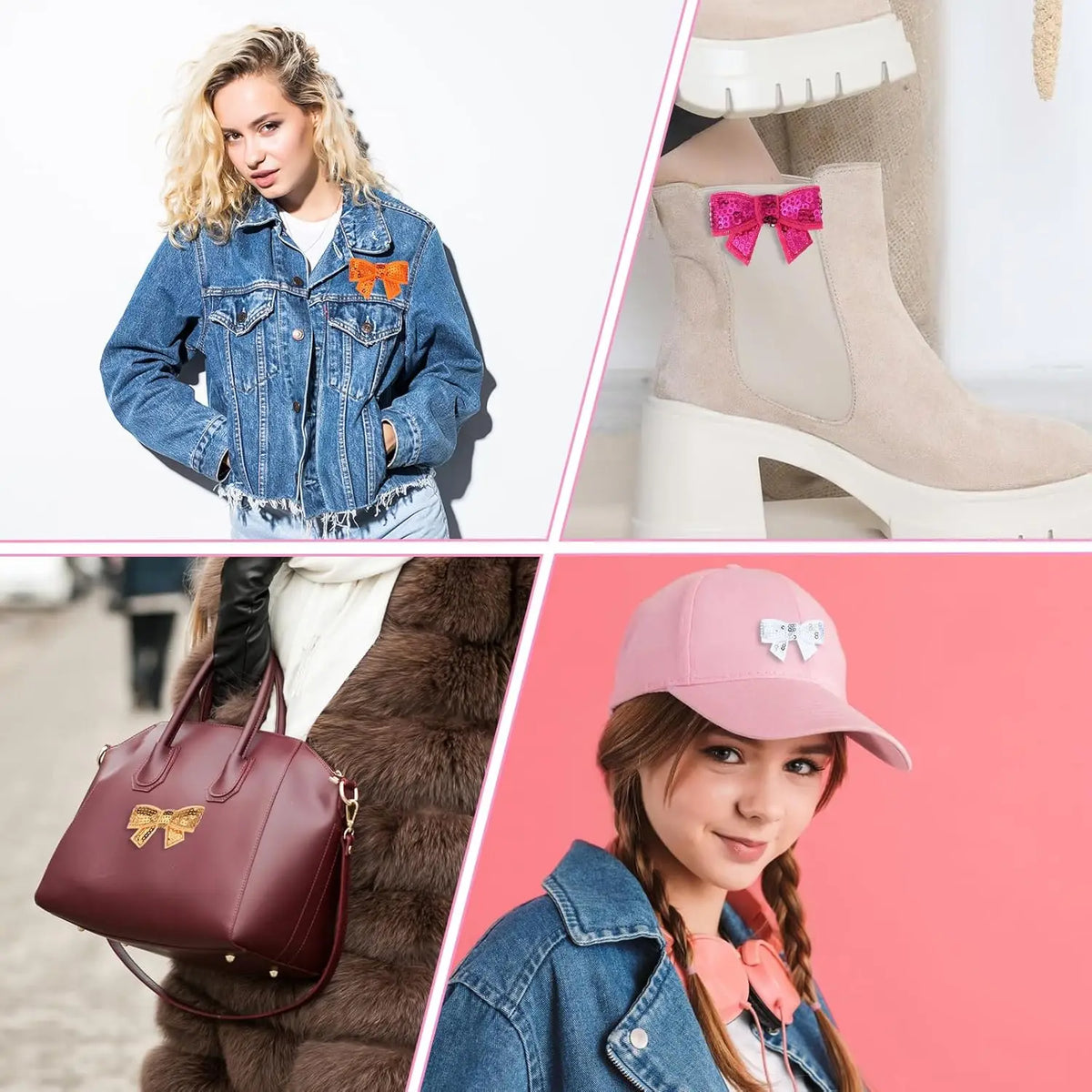A close-up of a pink denim jacket with sequin bow patches and a pink baseball cap featuring silver butterfly pins.