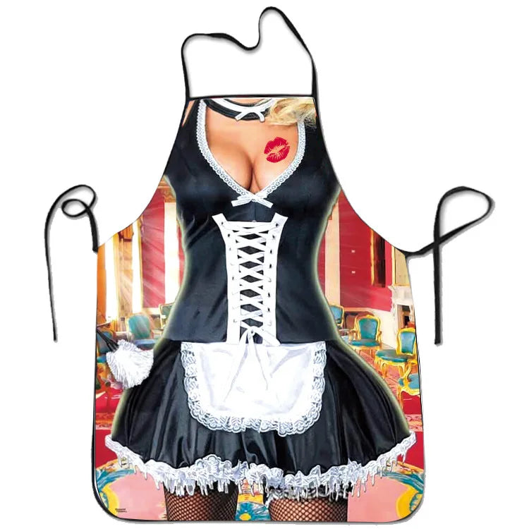 A black apron with white lace trim and a decorative top, worn by a person.