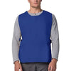A man wearing a royal blue versatile polyester apron over a gray long-sleeved shirt.