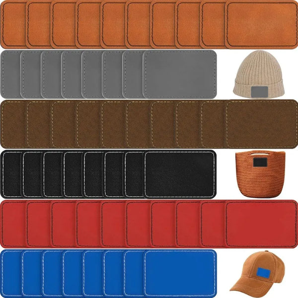 A collection of ten DIY leatherette hat patches in various colors including brown, gray, black, red, and blue.