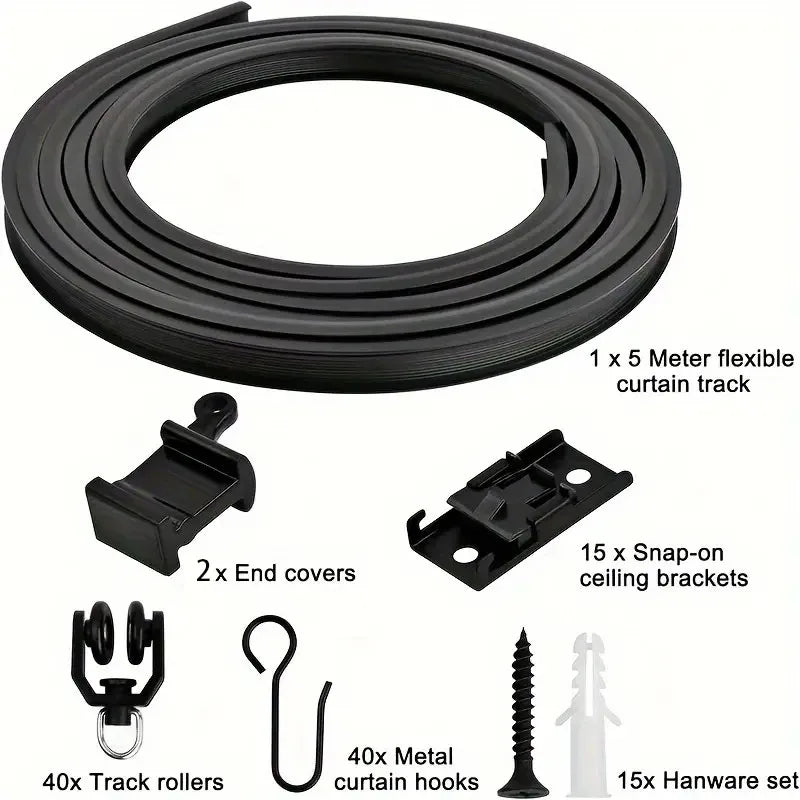 A set of black flexible curtain track components including a track, end covers, brackets, hooks, rollers, and hardware sets.