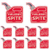 Red embroidered applique patches featuring the Fueledby Spite slogan on a fabric background.