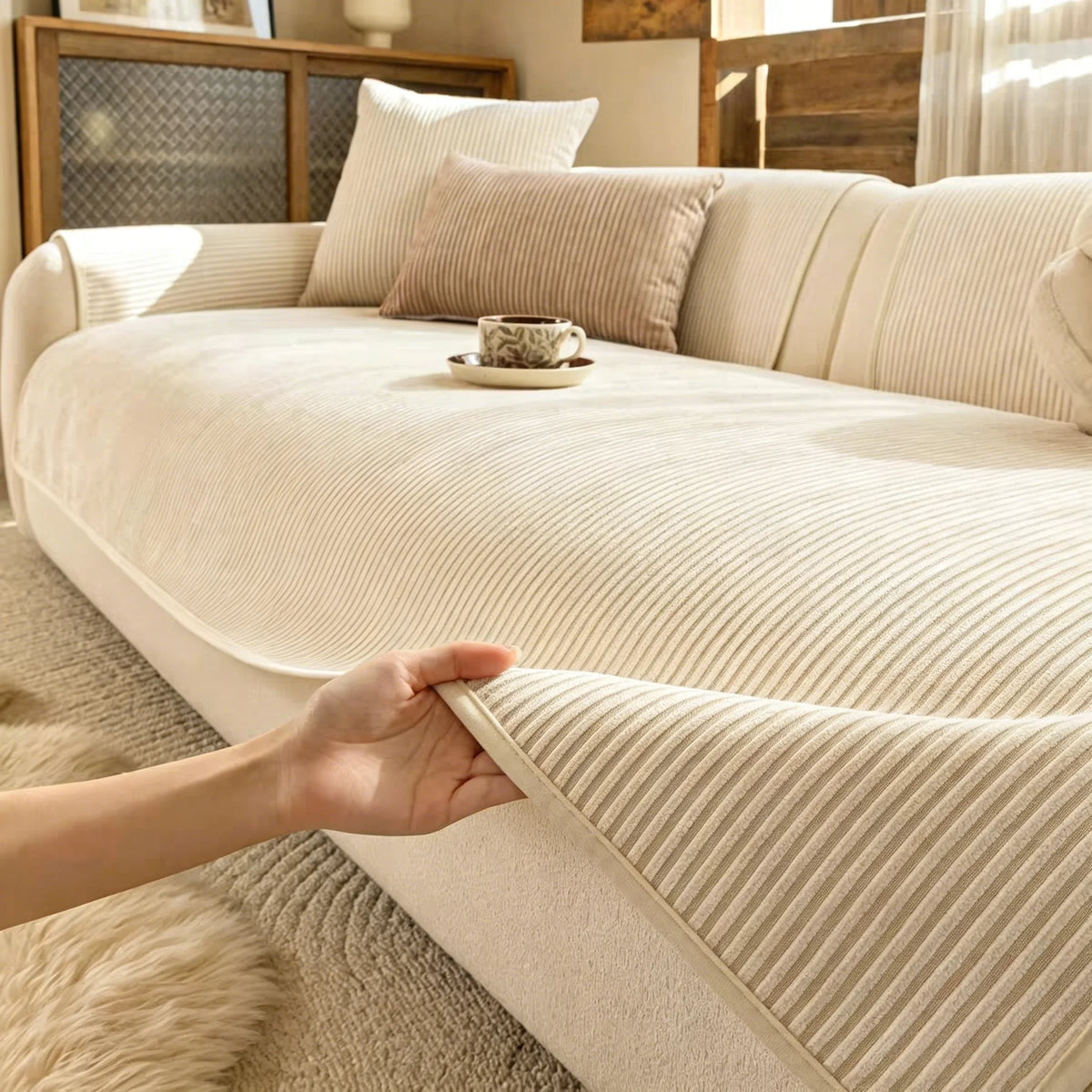 A hand touches the ribbed beige chenille slipcover of a sofa, showing its texture and drape.