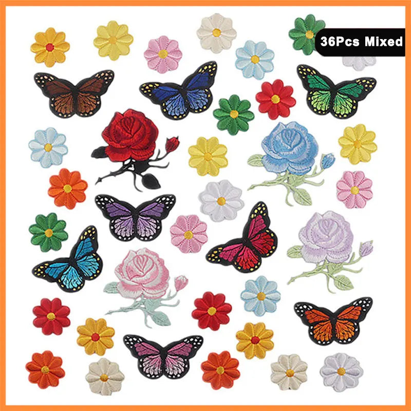 A collection of 36 mixed embroidered iron-on patches featuring various butterfly and rose designs in multiple colors.