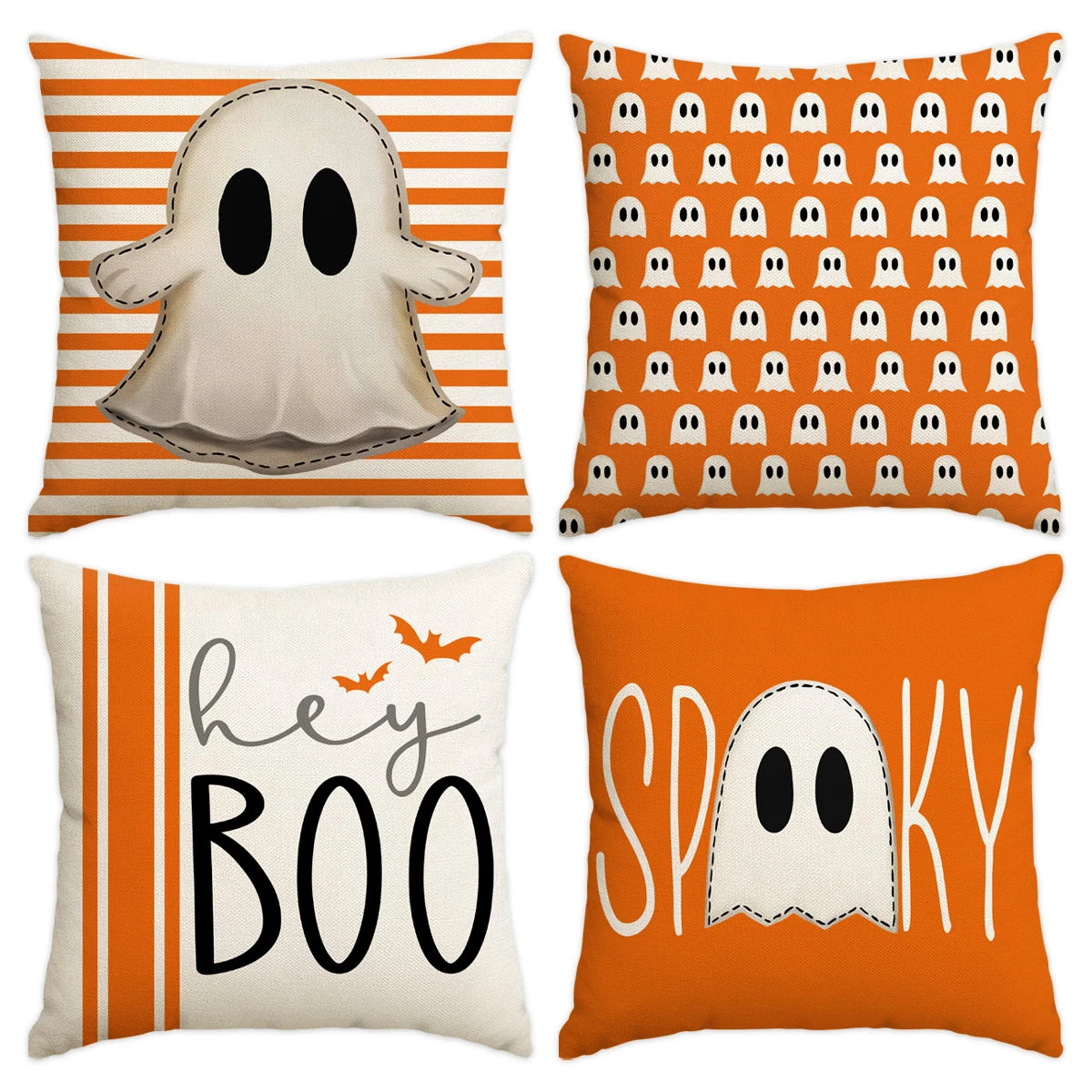Set of four Halloween cushion covers featuring ghost, pumpkin, and skull designs in orange and white stripes.