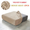 Beige gray velvet fabric sofa seat covers shown draped on a modern sofa.