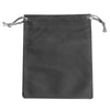 A dark gray velvet drawstring gift bag with light twine ties.