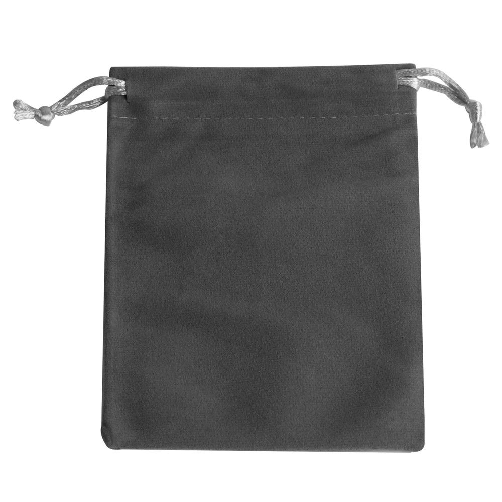 A dark gray velvet drawstring gift bag with light twine ties.
