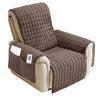 A brown washable recliner sofa slipcover with a quilted pattern and anti-slip strap.