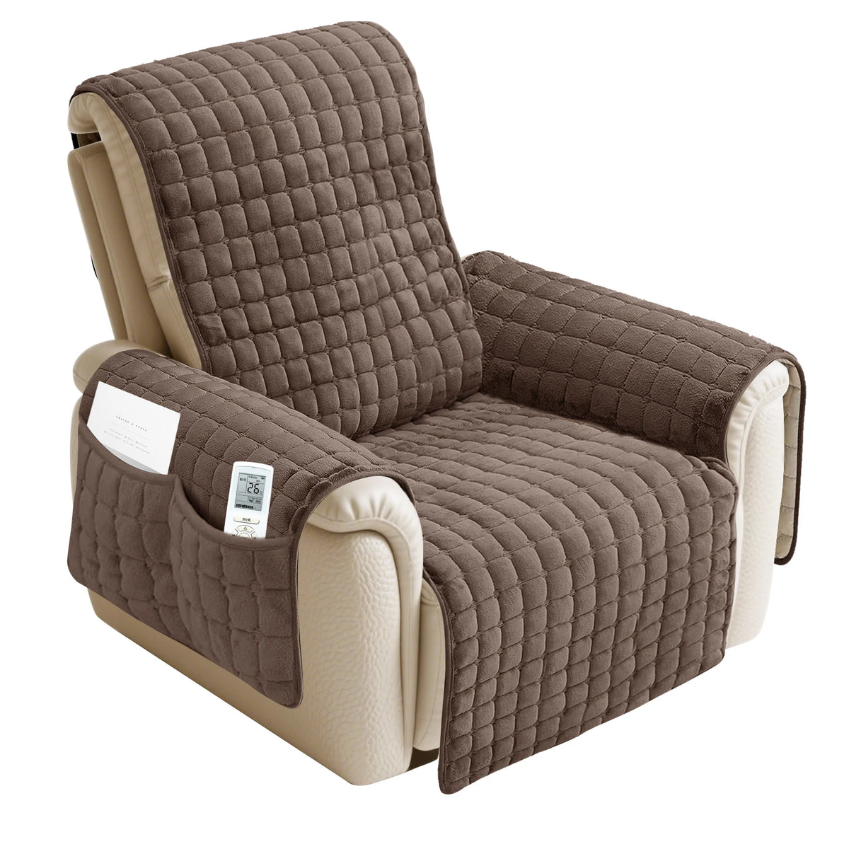 A brown washable recliner sofa slipcover with a quilted pattern and anti-slip strap.