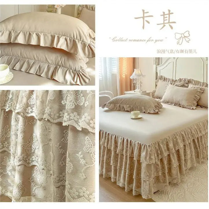 Lace ruffled bed skirt set featuring sheer fabric and delicate floral embroidery in beige color.
