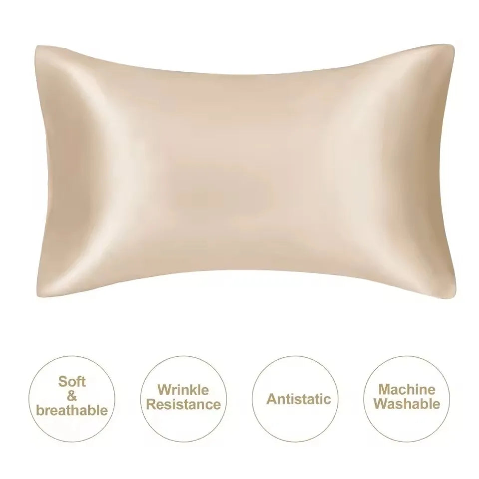 A smooth, beige satin silk pillowcase shown flat.