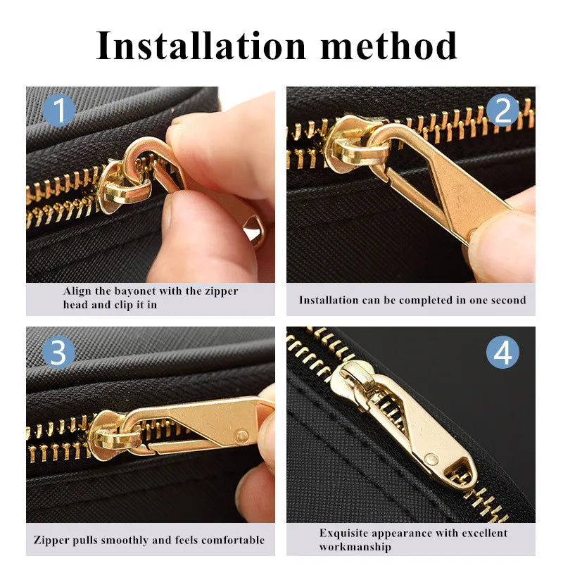 Installation method showing how to attach a metal zipper puller to a garment.