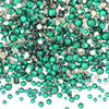 A pile of clear green and gold glass rhinestones for DIY crafts.