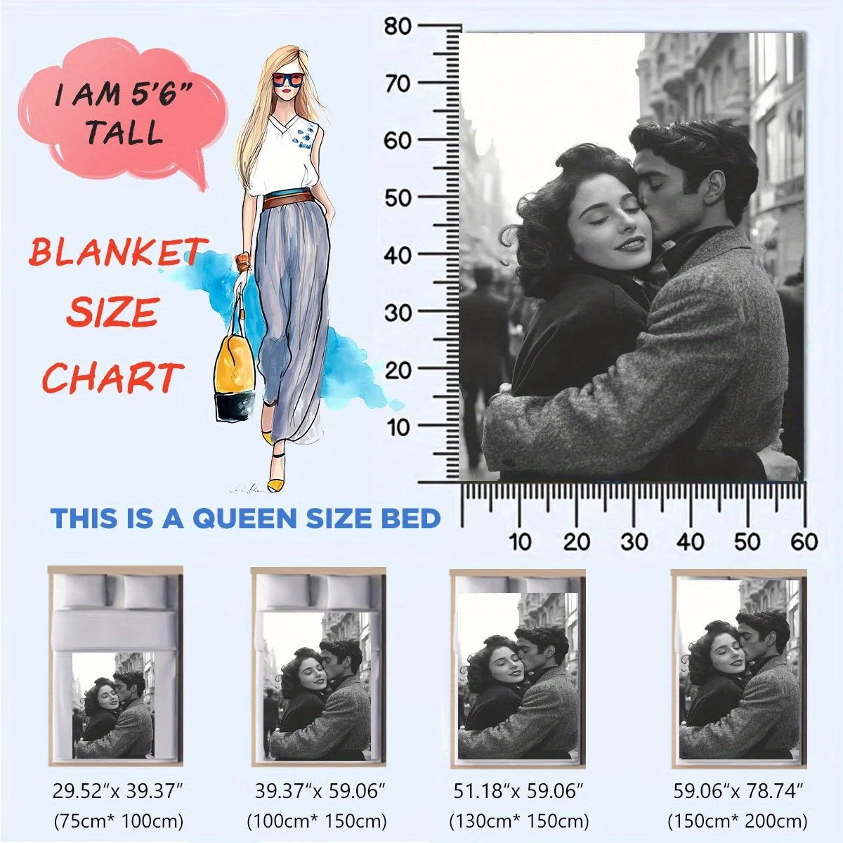 A size chart for a blanket, showing measurements for a queen size bed and various sizes.