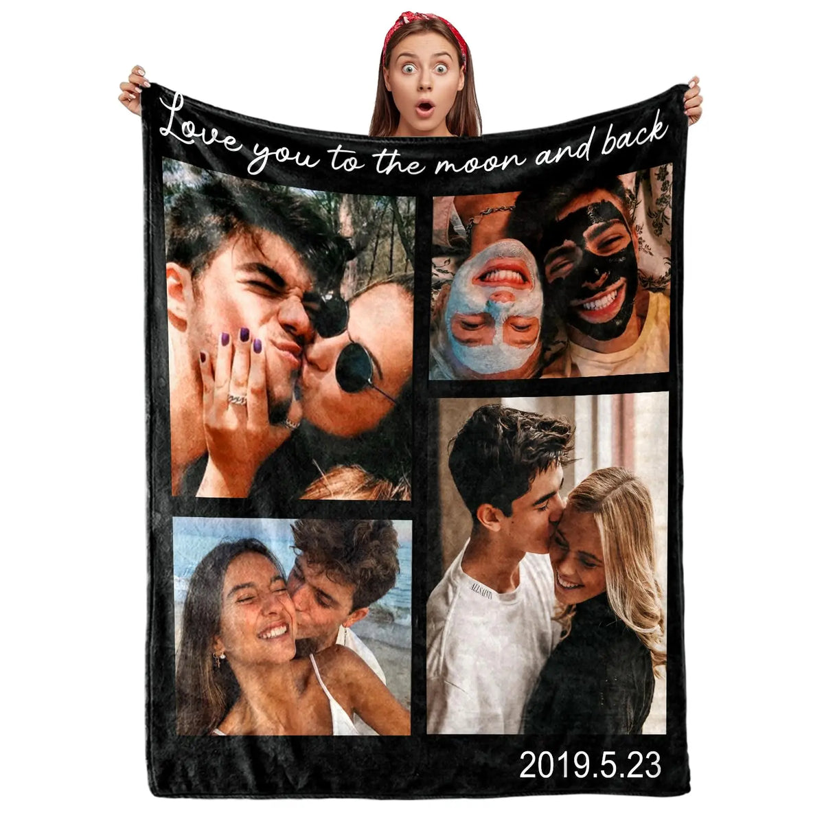 A black blanket featuring a collage of photos of a couple with the text Love you to the moon and back and the date 2019.5.23