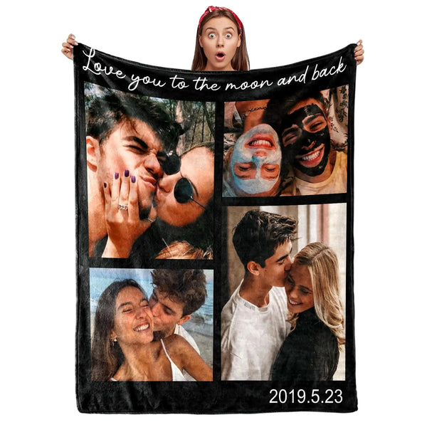 A black blanket featuring a collage of photos of a couple with the text Love you to the moon and back and the date 2019.5.23