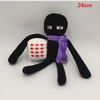 A black stuffed dragon plush toy with purple accents and a white patterned accessory.