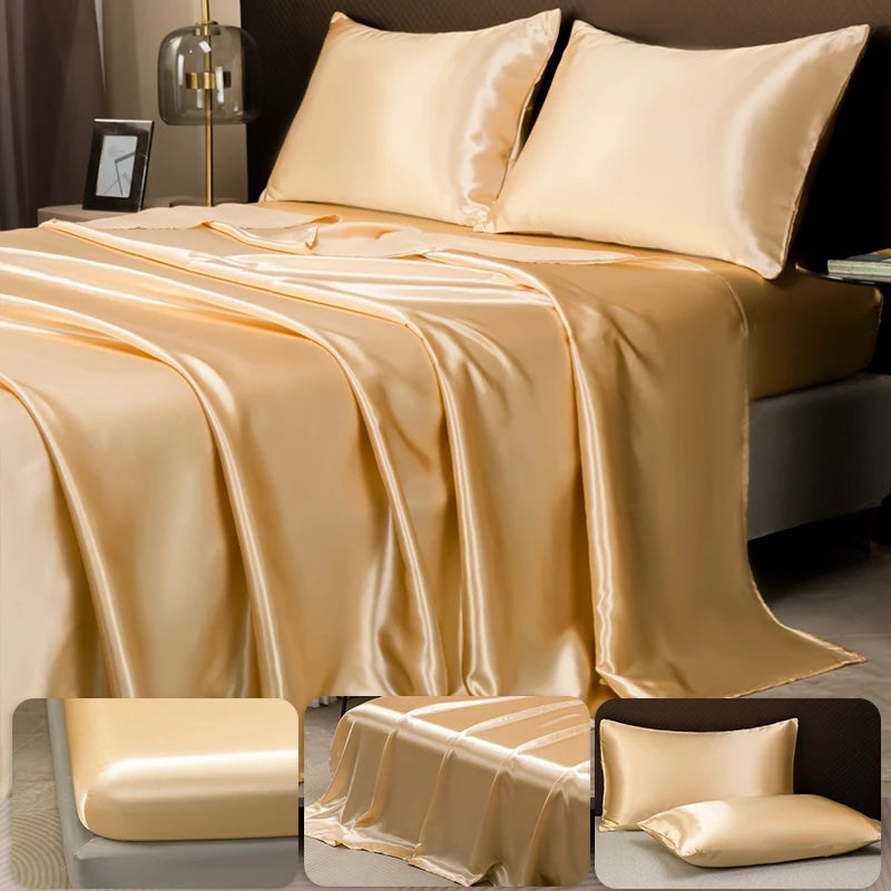 A luxury solid satin bedding set featuring champagne gold sheets and pillows.