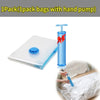 A blue vacuum storage bag with a hand pump is shown next to a white plastic bag being filled.