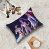 A dark purple cushion cover featuring two female figures in ornate armor with glowing accents and a starry background.