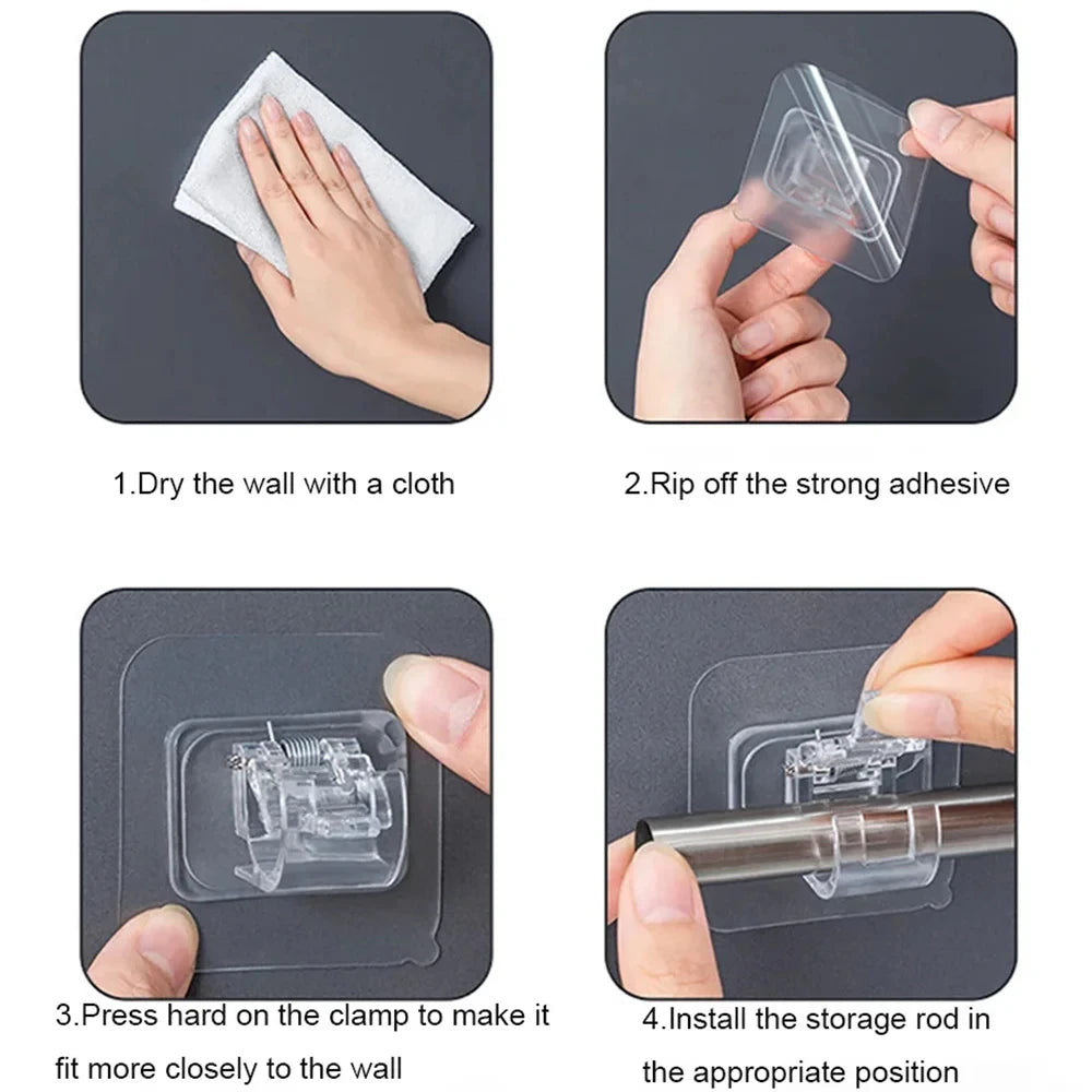 Instructions showing how to use self-adhesive curtain rod clips to install a storage rod in a window or wall.