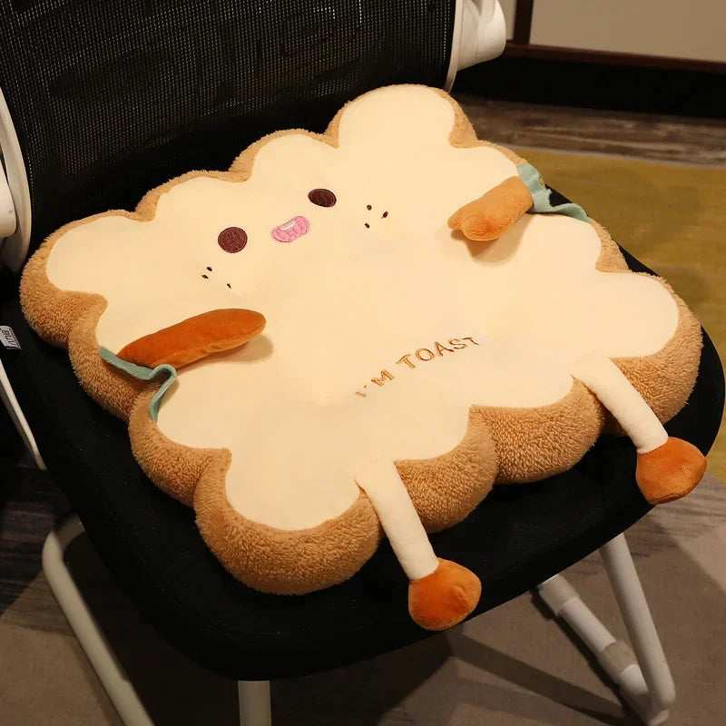 A plush, light yellow cartoon toast shaped seat cushion for back and fatigue relief.