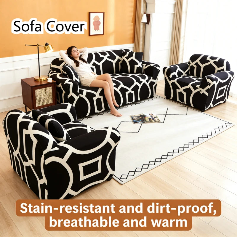 Black and white patterned sofa cover displayed on a living room floor.