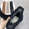 A black fuzzy crochet bag with a gold zipper frame and a close-up of the zipper details.