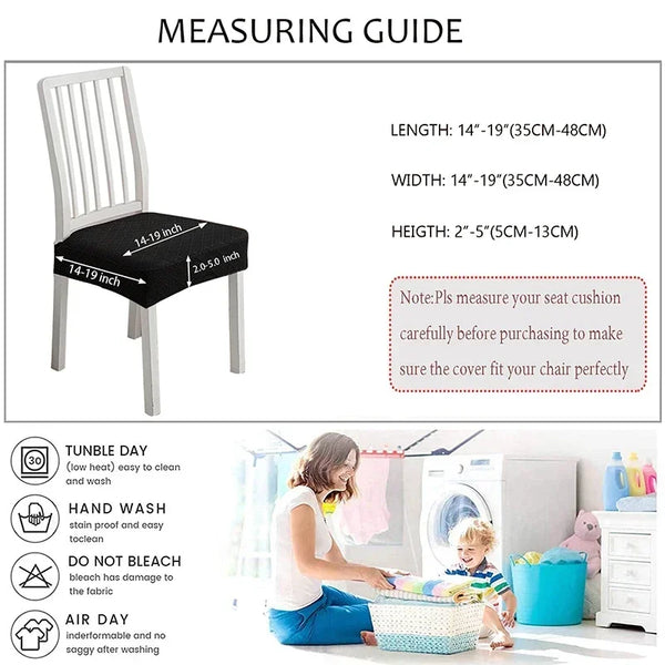 Measuring guide for a bar and dining seat cover showing dimensions for length, width, and height