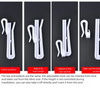 White adjustable curtain hanging hooks shown in various positions demonstrating insertion and removal.