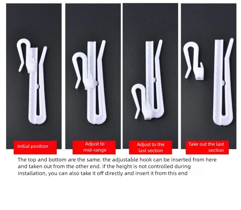 White adjustable curtain hanging hooks shown in various positions demonstrating insertion and removal.