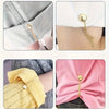 Close-up shots of an adjustable hem t-shirt shortener in gold and silver tones on clothing.