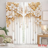 A pair of white floral pendant print curtains with gold leaf accents hanging in a bright room.