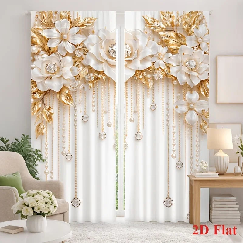 A pair of white floral pendant print curtains with gold leaf accents hanging in a bright room.