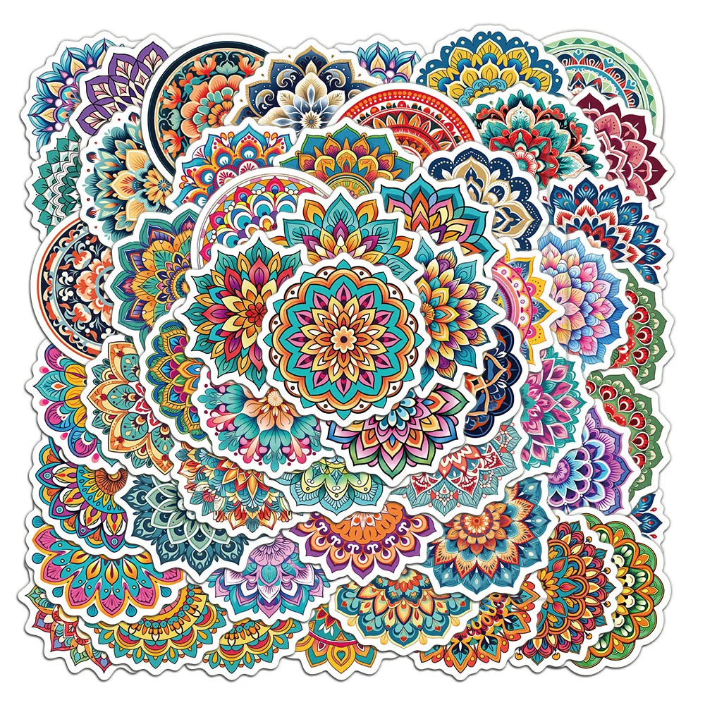 A colorful mandala graffiti sticker design featuring intricate floral patterns in various shades of blue, pink, orange, and g