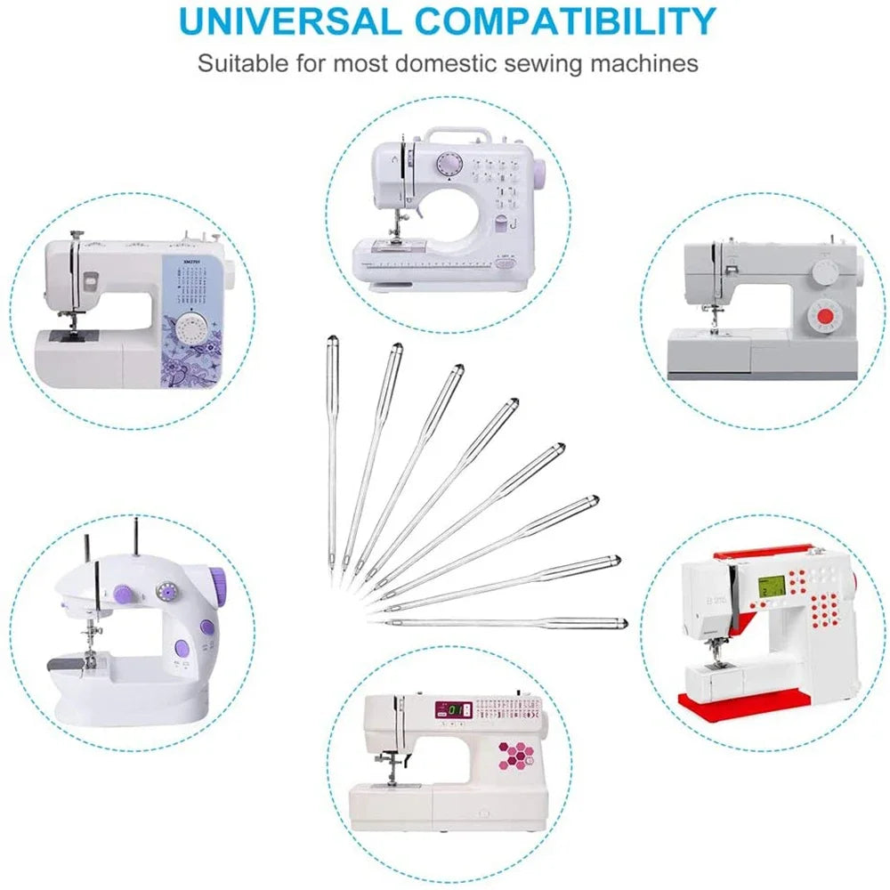 A collection of precision sewing machine needles and various domestic sewing machines are displayed.