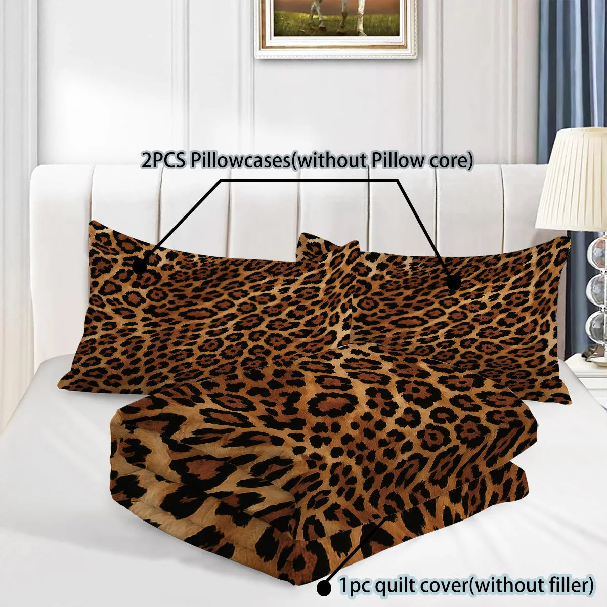 A set of leopard print bedding including a duvet cover and two pillowcases without the core or filler.