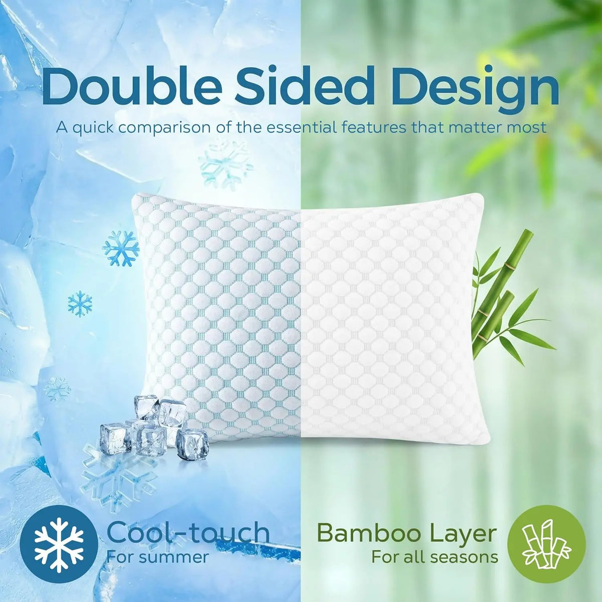 White memory foam pillow with a double-sided design featuring cool-touch and bamboo layers.