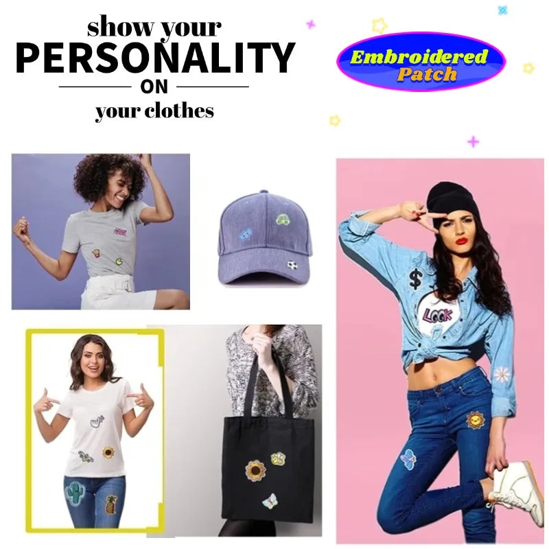 A woman wearing a denim shirt and jeans is shown next to examples of embroidered patches for clothing personalization.