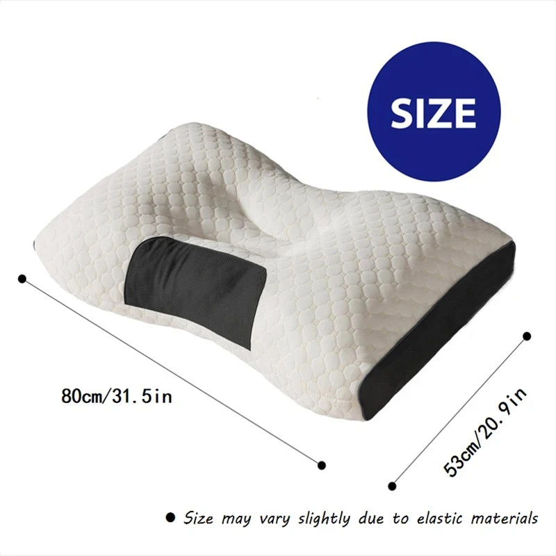 A cream-colored, quilted massage neck pillow shown from above with dimensions 80cm/31.5in and 53cm/20.9in.